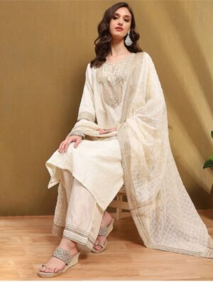 Women Embroidered silk straight kurta set